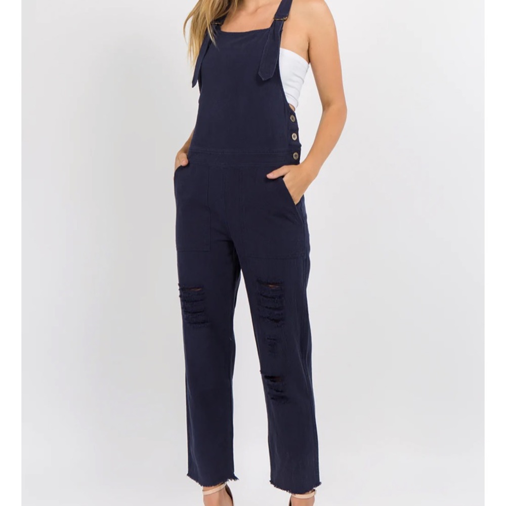 San Joy distressed navy overalls with side buttons. Large